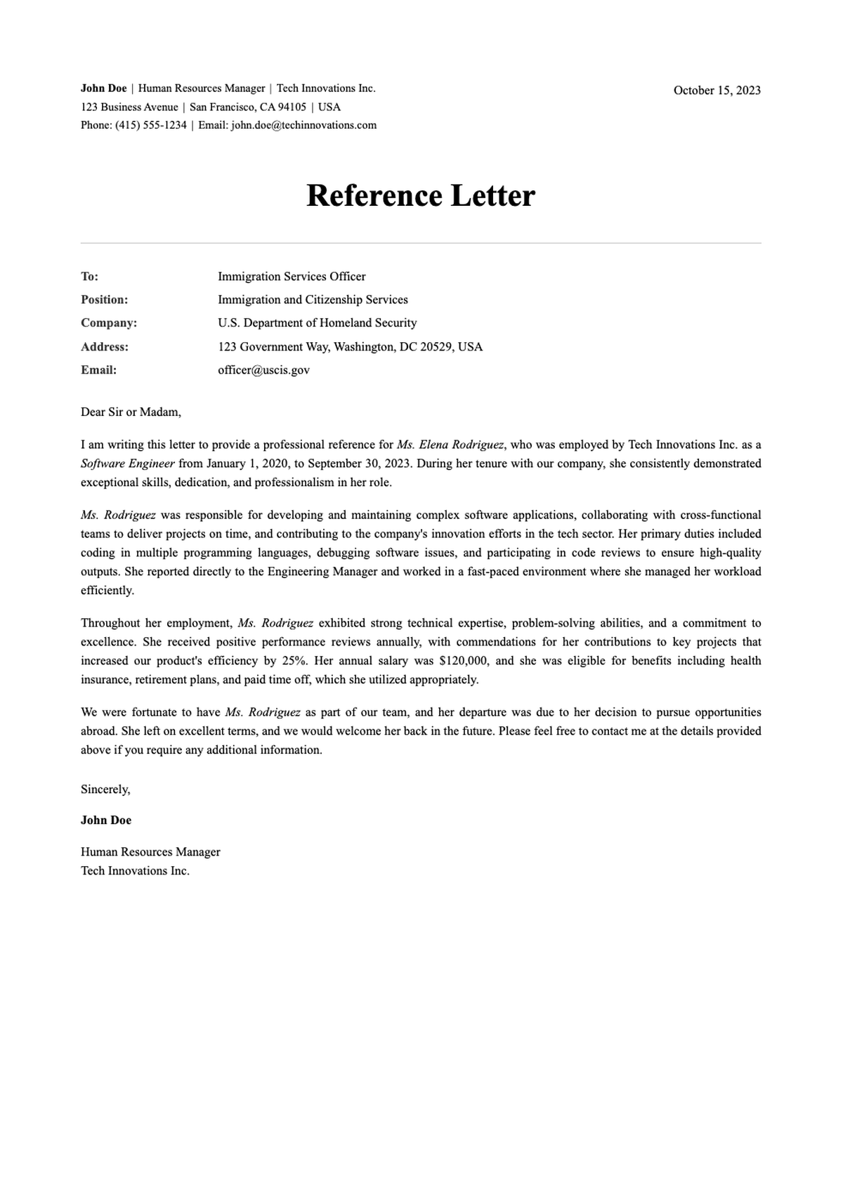 Work reference letter for immigration with professional header and placeholder fields_variant_1